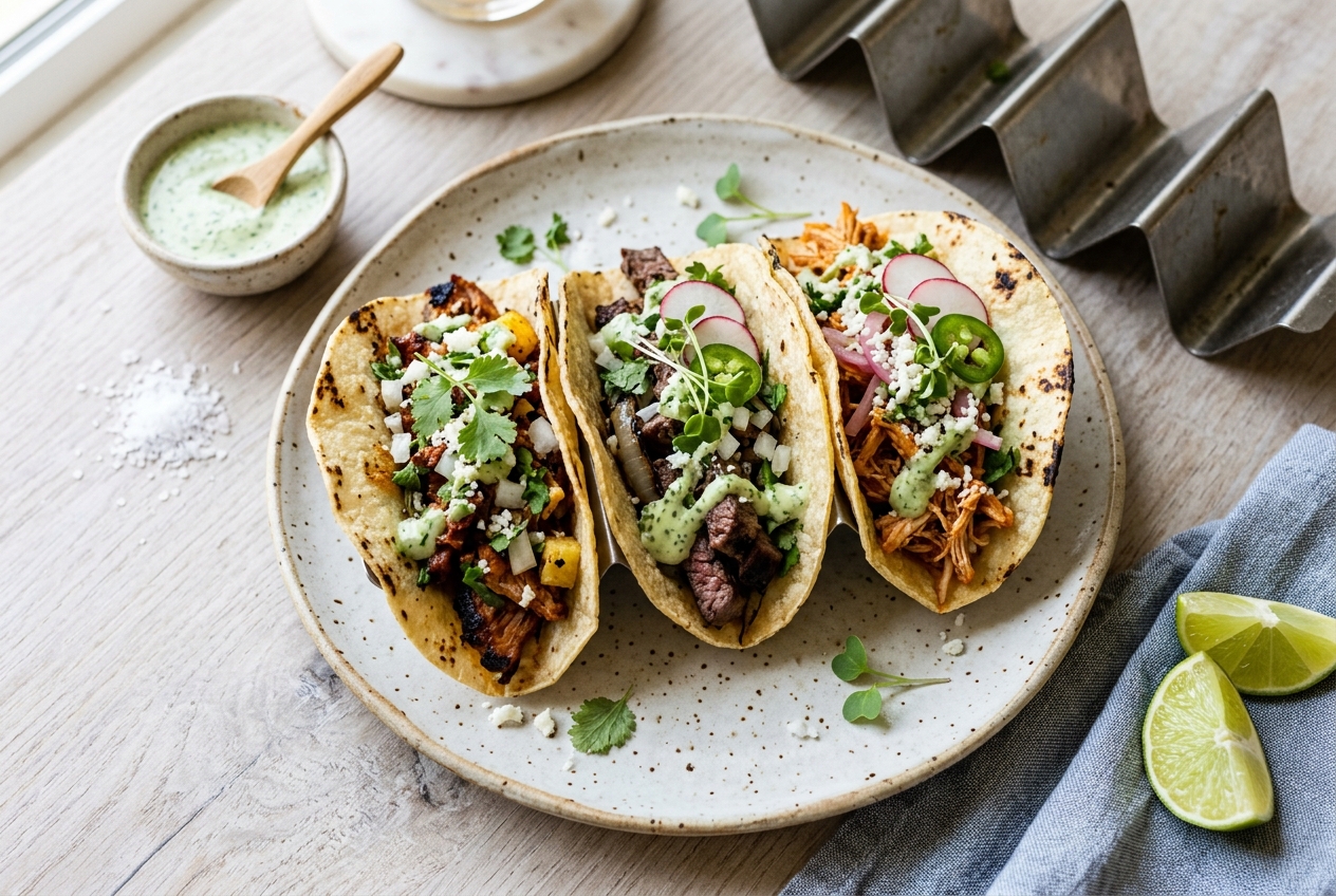 Elevated Street Tacos with Cilantro Citrus Crema and Radish Microgreens